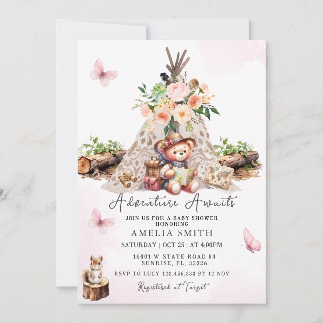 Invitación Adventure Awath Pink Cute Bear Baby Shower (Anverso)