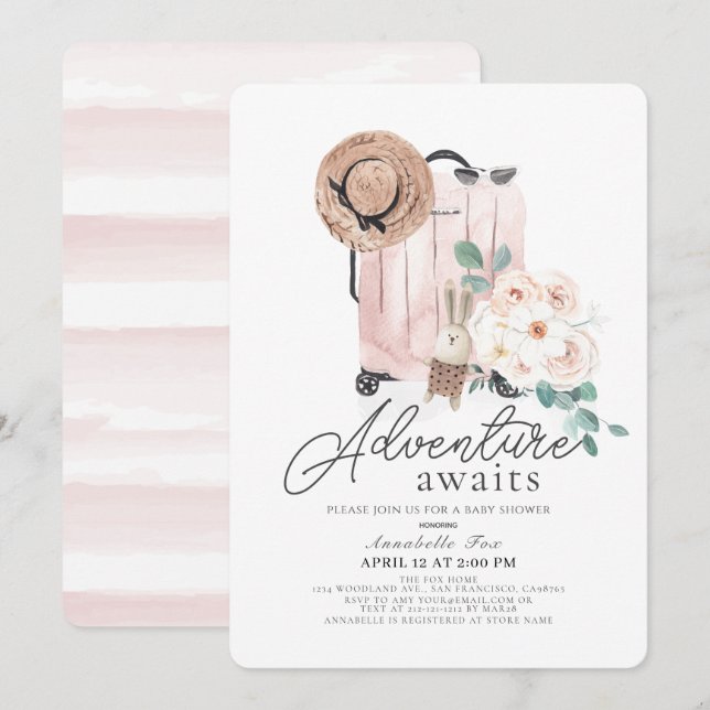 Invitación Adventure Awath Pink Suitcase Chica Baby Shower (Anverso / Reverso)