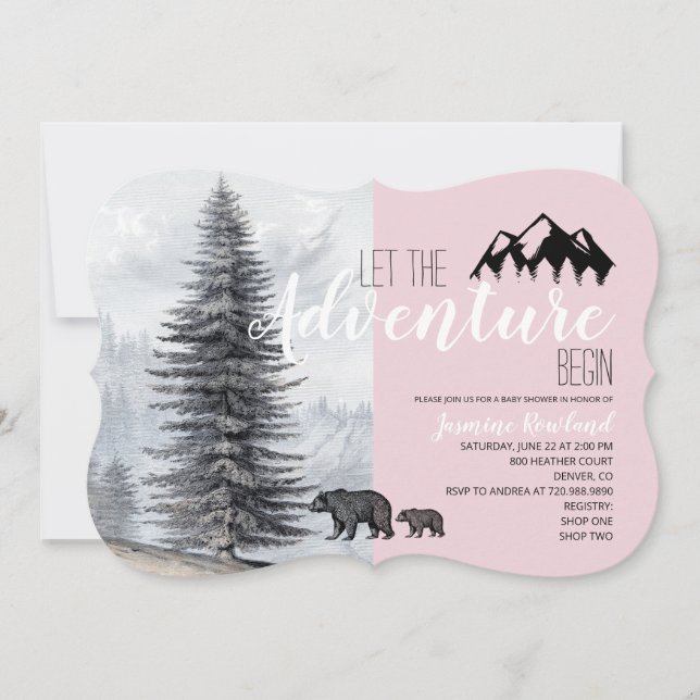 Invitación Adventure Awath Pink Woodland Bears Baby Shower (Anverso)
