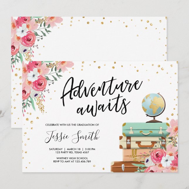 Invitación Adventure Awath Travel Graduation Party School (Anverso / Reverso)