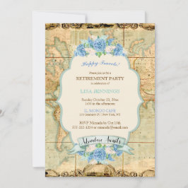 Invitación Adventure Awath Vintage World Map Blue Hydrangeas