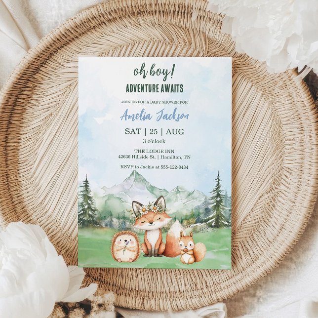 Invitación Adventure Awath Woodland Animal Baby Shower (Oh Boy! Adventure Awaits Woodland Animal Baby Shower Invitation)