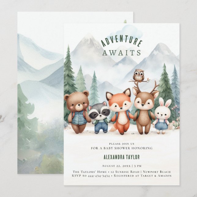 Invitación Adventure Awath Woodland Animals Boy Baby Shower (Anverso / Reverso)