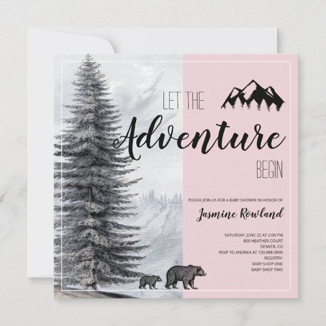 Invitación Adventure Awath Woodland Bear Pink Baby Shower In (Anverso)