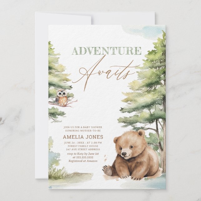 Invitación Adventure Awath Woodland Teddy Bear Baby Shower (Anverso)