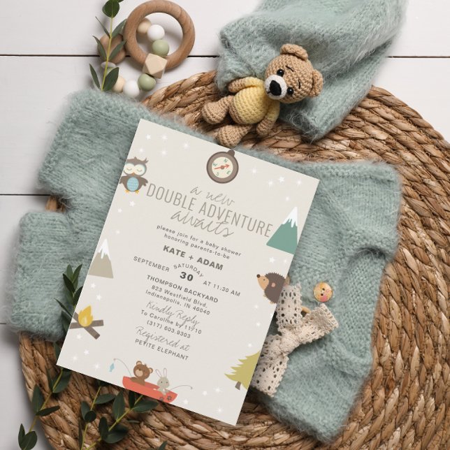 Invitación Adventure Awath Woodland Twin Neutral Baby Shower (Subido por el creador)