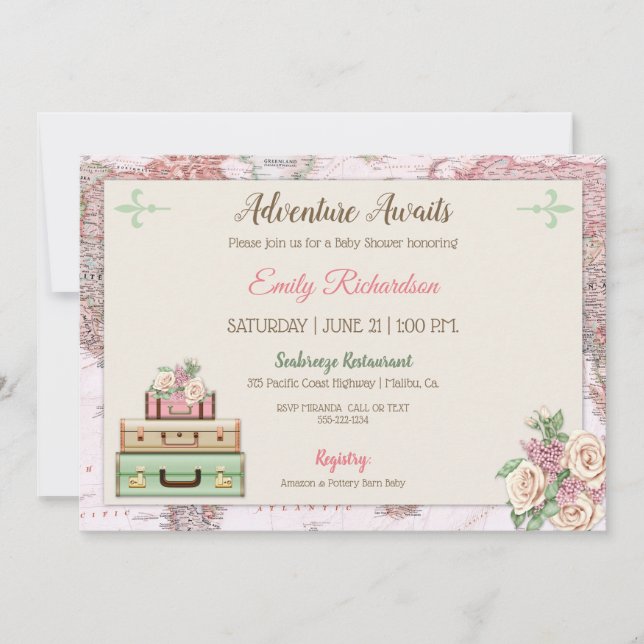 Invitación Adventure Awath World Travel Pink Mint Floral (Anverso)