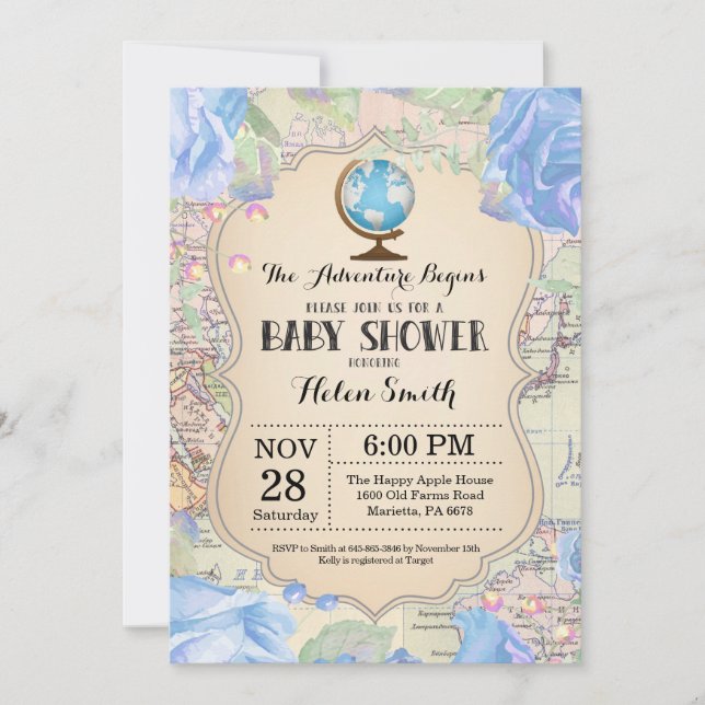 Invitación Adventure Baby Shower Blue Floral Map Travel World (Anverso)