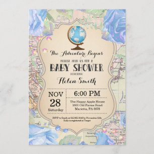 Invitación Adventure Baby Shower Blue Floral Map Travel World