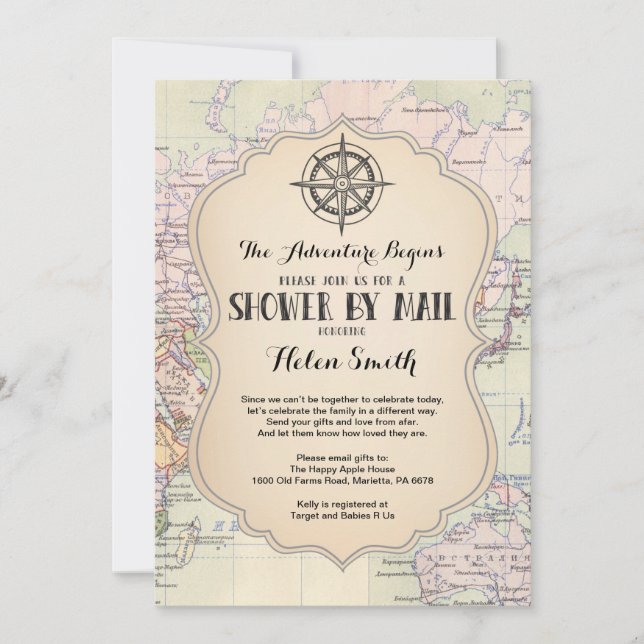 Invitación Adventure Baby Shower by Mail Map Travel World (Anverso)