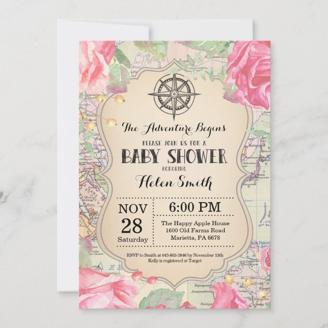 Invitación Adventure Baby Shower Pink Floral Map World (Anverso)