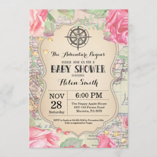 Invitación Adventure Baby Shower Pink Floral Map World