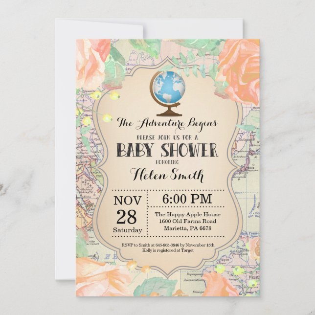 Invitación Adventure Baby Shower Pink Floral Map World (Anverso)