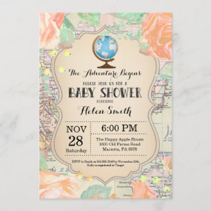 Invitación Adventure Baby Shower Pink Floral Map World