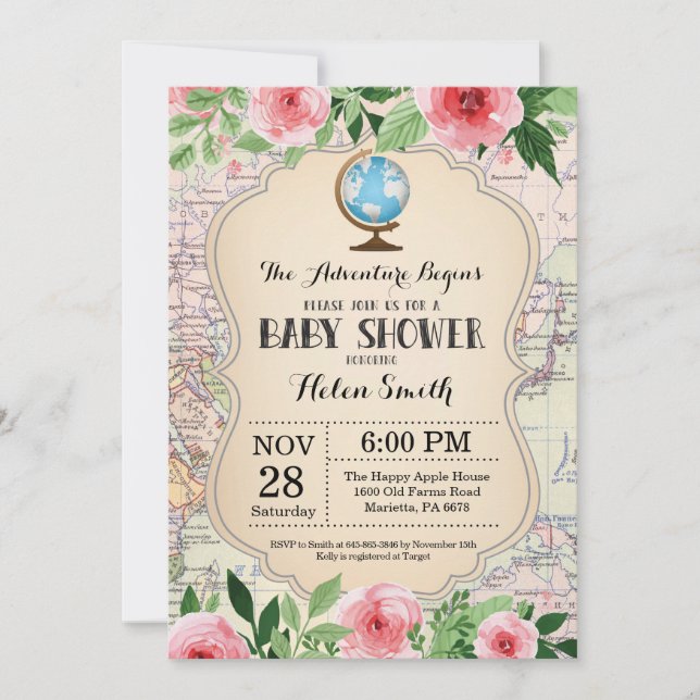 Invitación Adventure Baby Shower Pink Floral Map World (Anverso)