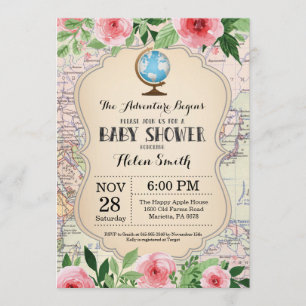 Invitación Adventure Baby Shower Pink Floral Map World