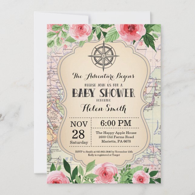 Invitación Adventure Baby Shower Pink Floral Map World (Anverso)