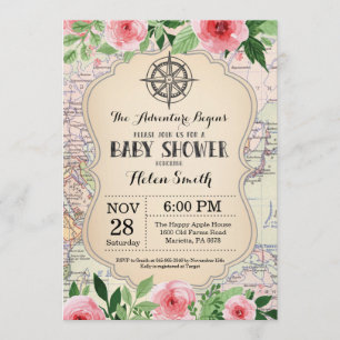 Invitación Adventure Baby Shower Pink Floral Map World
