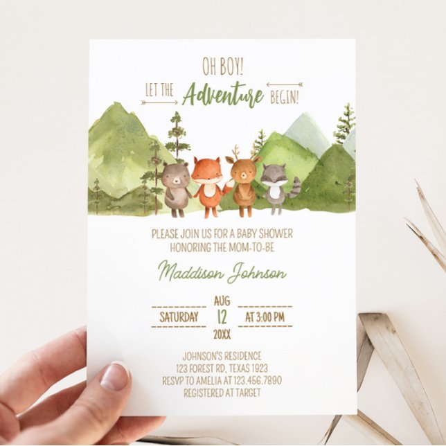 Invitación Adventure Begin Forest Mountain Baby Shower (Let the Adventure Begin Baby Shower Invitation)