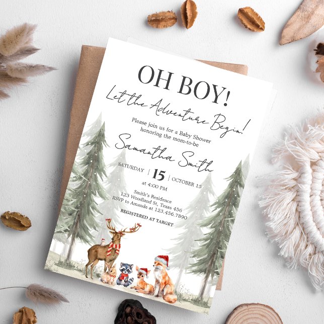 Invitación Adventure Begin Winter Woodland Baby Shower (Adventure Awaits Baby Shower Invitation)