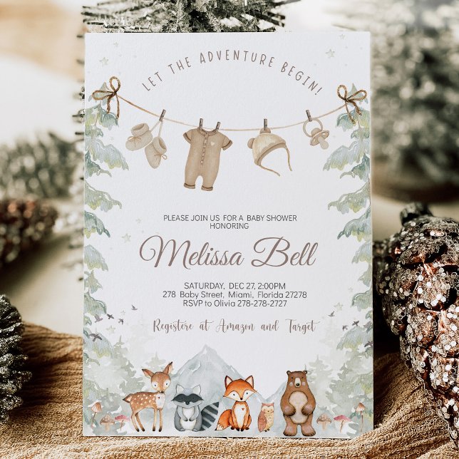 Invitación Adventure Begin Woodland Animals Baby Shower (Adventure Begins" Woodland Animals Baby Shower Invitation with adorable woodland creatures like bear)