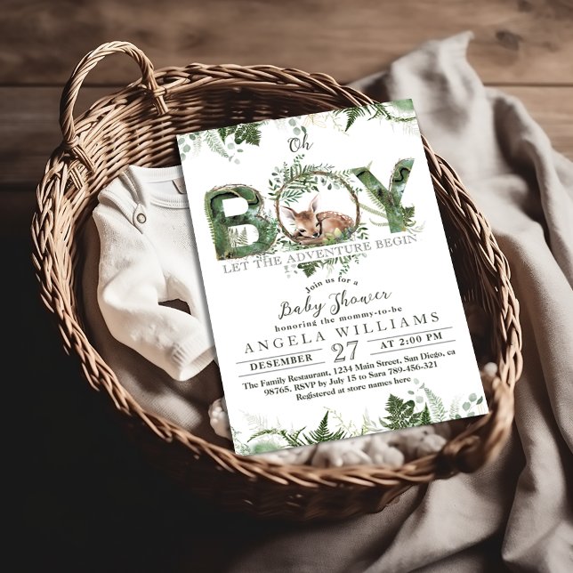 Invitación Adventure Begin Woodland Deer Baby Boy Shower (Subido por el creador)