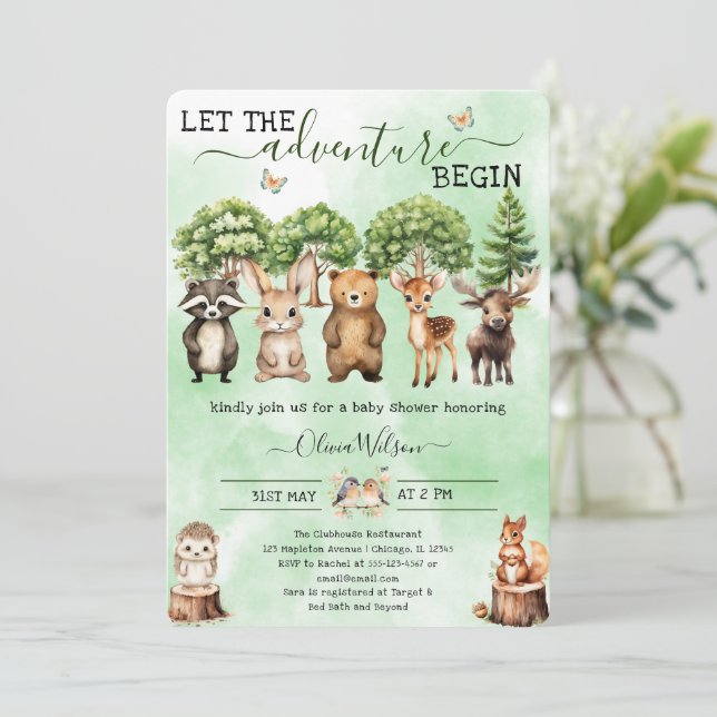 Invitación Adventure Begin Woodland GenderNeutral Baby Shower (Anverso de pie)