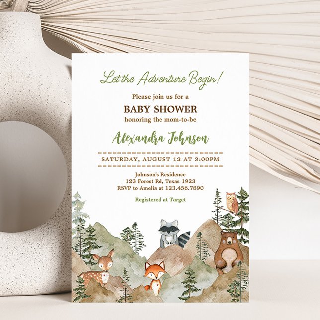Invitación Adventure Begin Woodland Mountain Baby Shower (Let the Adventure Begin Baby Shower Invitation)