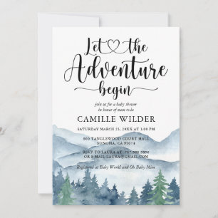 Invitación Adventure Begins Forest Mountains Baby Shower