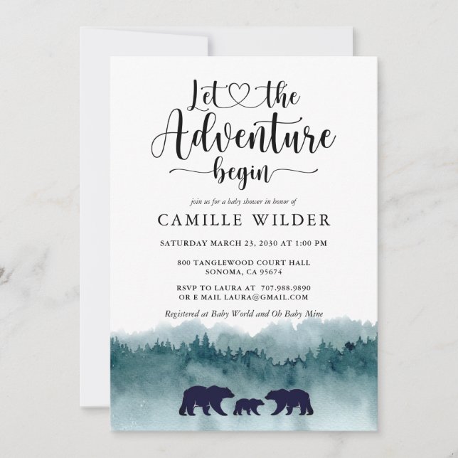 Invitación Adventure Begins Mountains Bears Baby Shower (Anverso)