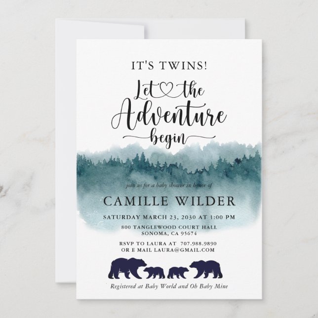 Invitación Adventure Begins Twins Watercolor Mountains Bears (Anverso)