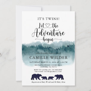 Invitación Adventure Begins Twins Watercolor Mountains Bears