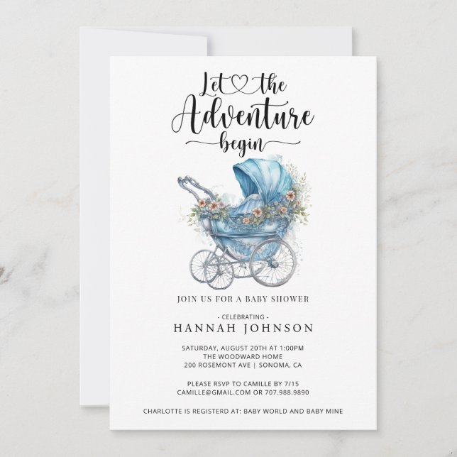 Invitación Adventure Begins Watercolor Baby Shower (Anverso)