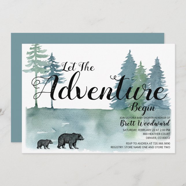 Invitación Adventure Begins Watercolor Bears Baby Shower (Anverso / Reverso)