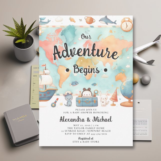 Invitación Adventure Begun mapa de parejas Baby Shower neutra (our adventure begins baby shower invitation gender neutral cute world map watercolor cute adorable)