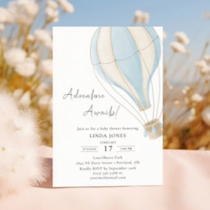 Invitación Adventure Begur Blue Hot Air Balloon Baby Shower