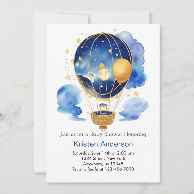 Invitación Adventure Blue Hot Air Balloon Boy Baby Shower (Anverso)