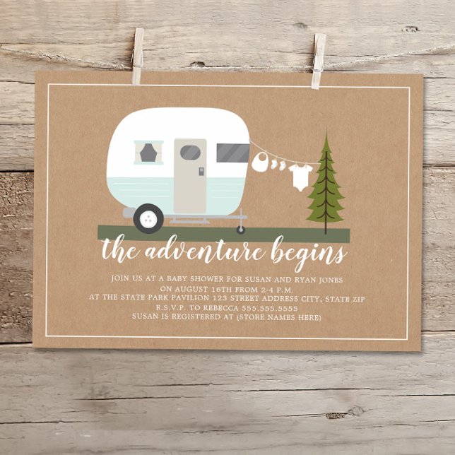 Invitación Adventure Blue Trailer Camper Woodland Baby Shower (Subido por el creador)