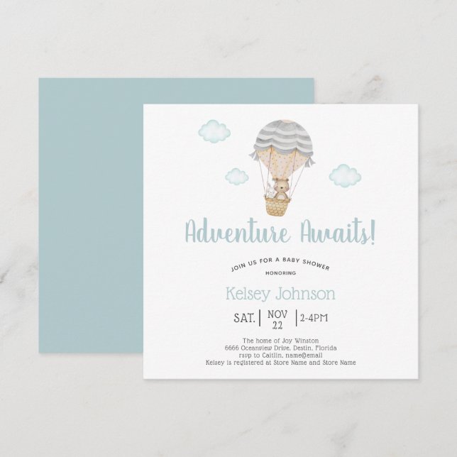 Invitación Adventure Blue Woodland Teddy Bear Baby Shower (Anverso / Reverso)