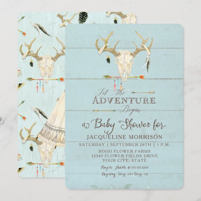 Invitación Adventure Boy Baby Shower Teepee Wood Arrows Deer (Anverso / Reverso)