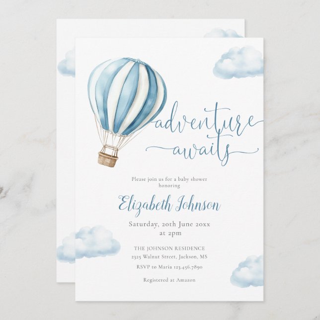 Invitación Adventure Boy Blue Hot Air Balloon Baby Shower (Anverso / Reverso)