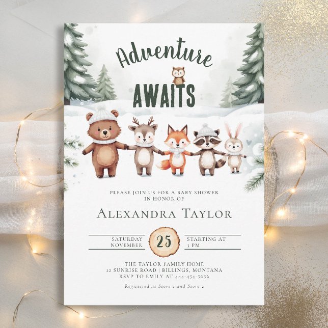 Invitación Adventure Cute Woodland Animals Winter Baby Shower (winter baby shower invitation adventure awaits woodland animals cute watercolor forest)