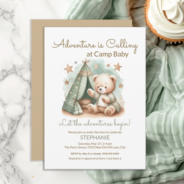 Invitación Adventure está llamando a Camp Baby Shower (Adventure Awaits at Camp Baby cute teddy bear baby shower invitation. Gender neutral.)