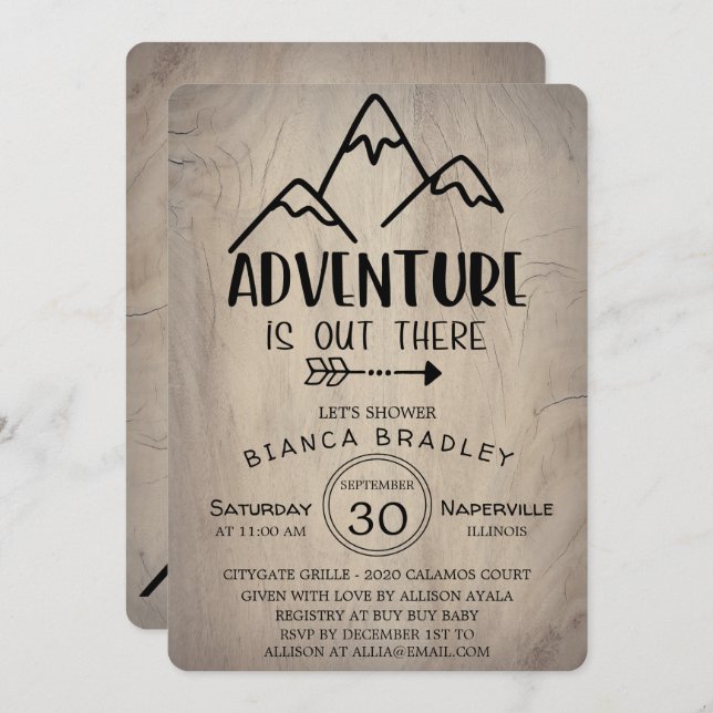 Invitación Adventure Is Out There Wood Mountain Baby Shower (Anverso / Reverso)