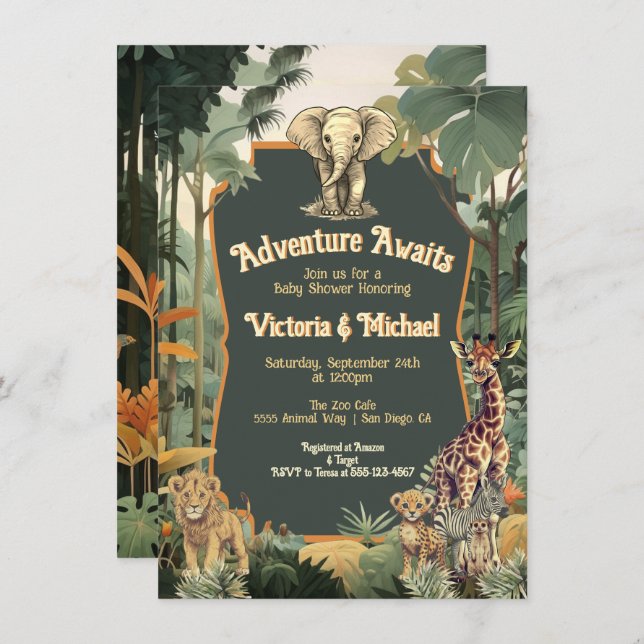 Invitación Adventure Jungle Animals Baby Shower (Anverso / Reverso)