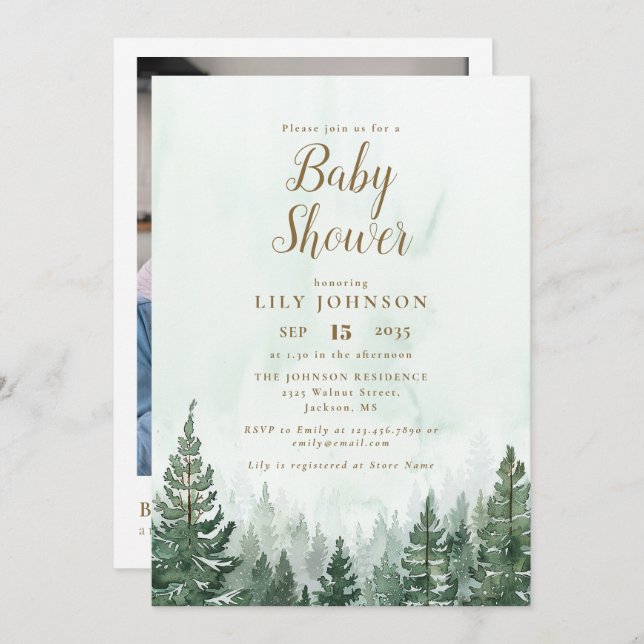 Invitación Adventure Pine Forest Baby Shower Photo QR Code (Anverso / Reverso)