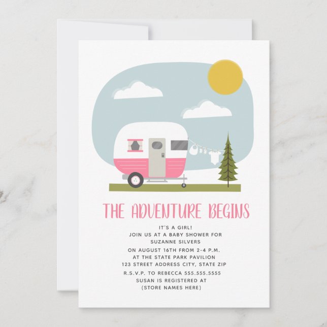 Invitación Adventure Pink Camper Clothesline Baby Shower (Anverso)