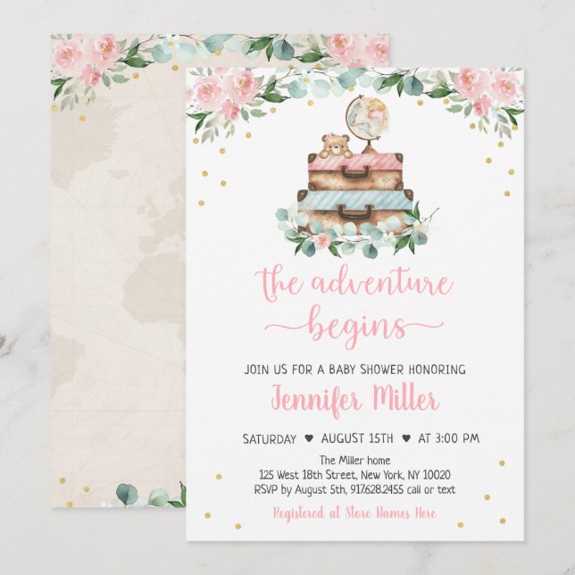 Invitación Adventure Pink Gold Floral Travel Baby Shower (Anverso / Reverso)