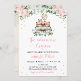 Invitación Adventure Pink Gold Floral Travel Baby Shower