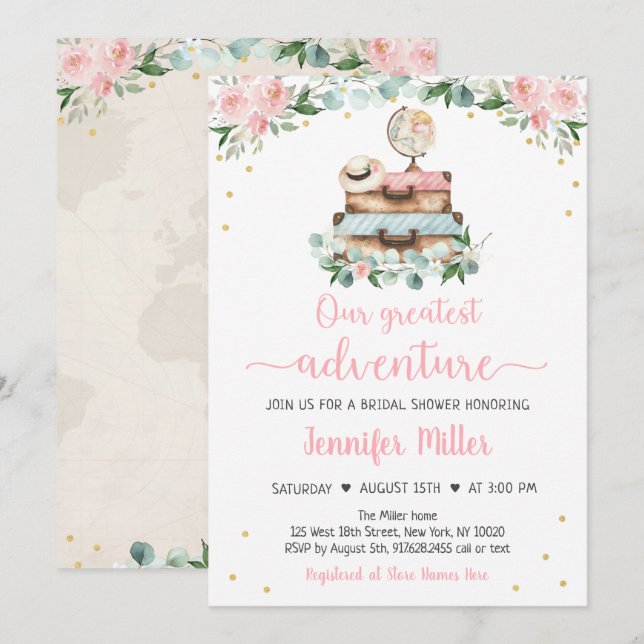 Invitación Adventure Pink Gold Floral Travel Bridal Shower (Anverso / Reverso)